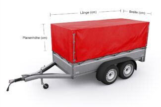 Ein zweiachsiger Anhänger mit grauer Grundplatte und leuchtend roter Flachplane-Abdeckung, mit genauen Maßangaben (cm) für Länge, Breite und Höhe. Er verfügt über einen Metallrahmen und eine vordere Anhängerkupplung.