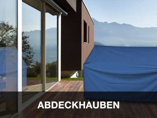 Ein Haus mit raumhohen Glastüren öffnet sich zu einem Holzdeck. Auf dem Deck steht ein blaues Anhängerflugzeug, im Hintergrund sind Berge zu sehen. Unten ist das Wort „ABDECKHAUBEN“ eingeblendet.