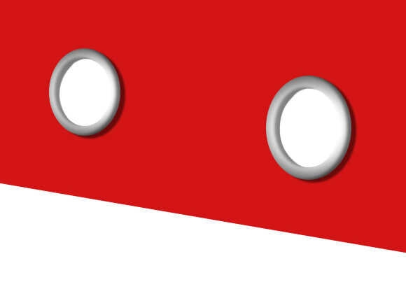 Rot-weißes Bild mit zwei kreisförmigen Ausschnitten, die ein minimalistisches Design erzeugen. Schatten an den Rändern der Kreise sorgen für einen dreidimensionalen Effekt.