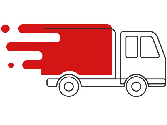 Abbildung eines Lieferwagens mit einer schwarzen Umrandung und einer durchgehenden roten Form, die sich von hinten erstreckt und an Bewegungslinien erinnert, auf einem weißen Hintergrund.