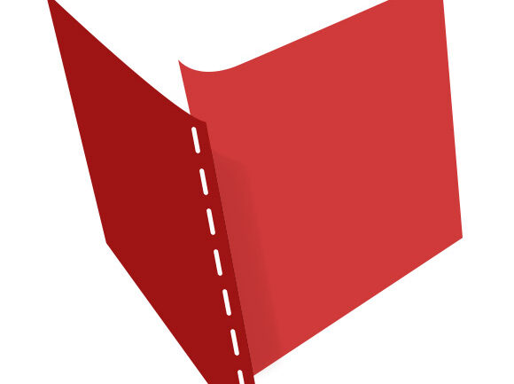 Abbildung eines leicht geöffneten roten Ordners mit zwei Fächern, der eine gepunktete weiße Linie entlang des Rückens aufweist. Der Ordner steht vor einem schlichten weißen Hintergrund.