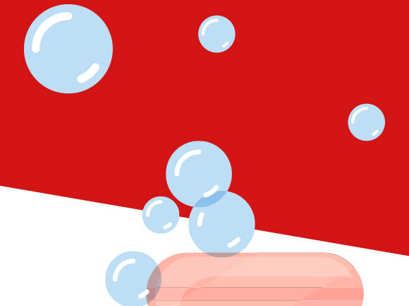 Abbildung einer rosa Kapsel, um die herum mehrere blaue Blasen schweben. Der Hintergrund ist diagonal geteilt, wobei der obere Teil rot und der untere weiß ist.