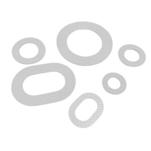 Sechs Unterlegscheiben für Ösen in Weiß, mit verschiedenen runden und ovalen Formen und Größen, angeordnet auf einem schlichten weißen Hintergrund.