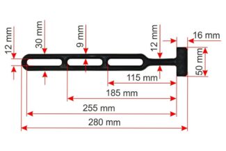 Gummistroppe schwarzer Kunststoffbügel mit rechteckigen Schlitzen, dargestellt mit roten Maßen: 280 mm Länge, 50 mm Höhe, verschiedene Breiten und Schlitzlängen in Millimetern.