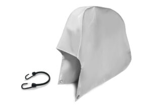 Eine Deichselhaube aus PVC-Plane in Grau mit einer dreieckigen Öffnung ist neben einem schwarzen Bungee-Seil mit Haken an beiden Enden abgebildet.