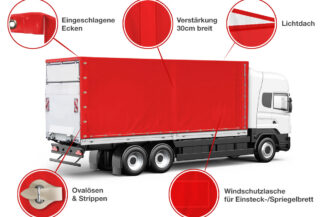 Abbildung einer roten LKW-Plane mit den Besonderheiten: verstärkte Ecken, 30 cm breiter Verstärkungsstreifen, leichtes Dach, ovale Ösen mit Gurten und Windschutzklappe. Highlights sind fünf beschriftete Detailabschnitte.