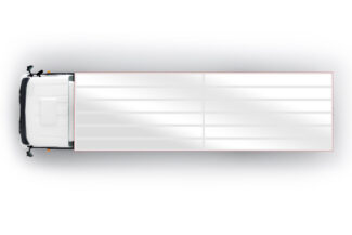 Draufsicht des LKW-Plane 7,5 Tonnen mit Flachdach, das sein schlankes Design mit verlängerter Ladefläche und schwarzen Kabinenakzenten vor hellem Hintergrund zur Schau stellt.