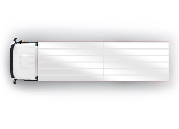 Draufsicht des LKW-Plane 7,5 Tonnen mit Flachdach, das sein schlankes Design mit verlängerter Ladefläche und schwarzen Kabinenakzenten vor hellem Hintergrund zur Schau stellt.