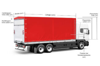 Das beschriftete Diagramm des LKW-Plane 7,5 Tonnen mit Spitzdach verfügt über eine rote Laderaumabdeckung mit Maßangaben in cm für Breite, Länge, Höhe und Heckklappe; es zeigt Räder, Fahrerhaus und Windabweiserposition.