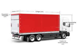 Eine Abbildung des LKW-Plane 7,5 Tonnen mit Flachdach mit roter Ladefläche, die die Abmessungen für Höhe, Breite und Länge des überdachten Abschnitts und anderer LKW-Teile mit deutscher Beschriftung zeigt.
