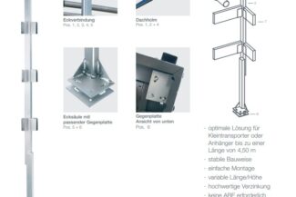Abbildung des Planengestell-Metallstangensystems mit Eckverbindern, Dachträger, Grund- und Gegenplatten. Es überzeugt durch einfache Montage, verstellbare Länge und hochwertige Verzinkung.
