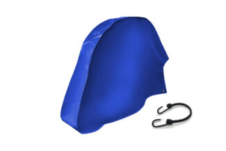 Auf weißem Untergrund sind eine blaue Schutzhülle und ein schwarzes Bungee-Seil mit Haken abgebildet.