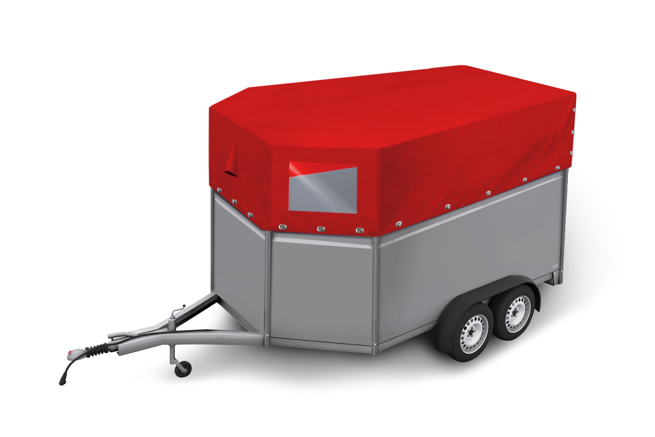 Bild eines Pferdeanhaengers mit roter PVC Plane auf weißem Hintergrund
